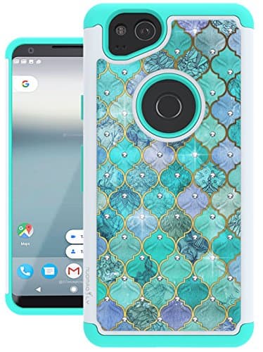 Google Pixel 2 Case, Nuomaofly [Creative] Studded Rhinestone Crystal Bling Hybrid Armor Defender Protective Case Cover for Google Pixel 2 (Green Lines)