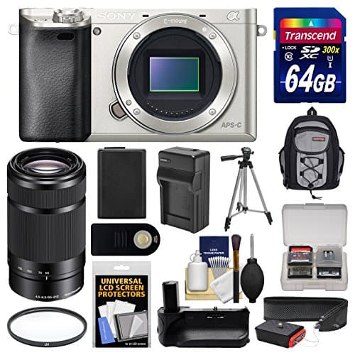 Sony Alpha A6000 Wi-Fi Digital Camera Body (Silver) with 55-210mm Lens + 64GB Card + Backpack + Battery &amp; Charger + Grip + Tripod + Filter Kit