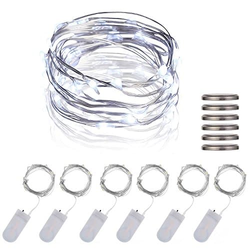 6 Pack 2M/6ft 20 LEDs Micro Fairy Silver Wire String LED Lights, Battery Powered Waterproof Mine LED Lights for Wedding Party Christmas Holiday Decoration（white）