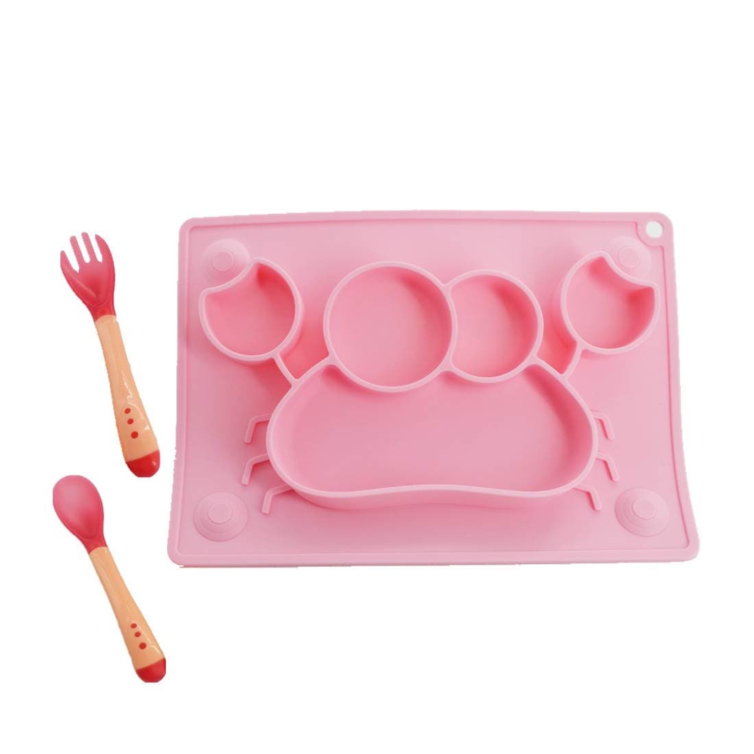 Silicone Plate with Suction, with 1 Spoon 1 Fork Plates Silicone Non-Slip Plate Mat Food Tray (Pink Crab)