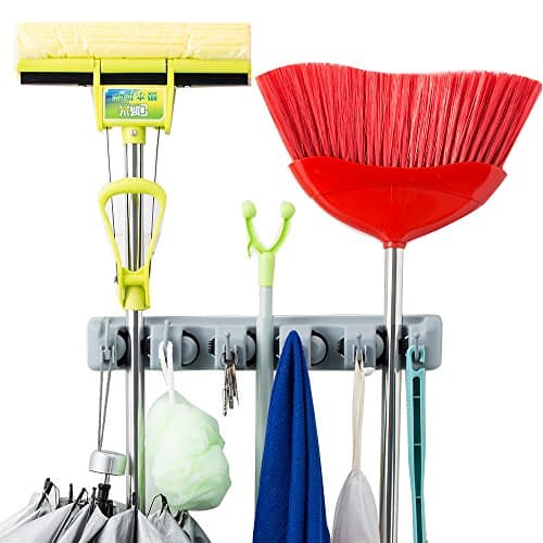 Mop Broom Holder Wall Mount Multi-functional Broom Organizer For Garden Tools Key Rack Towel 5 Non-slip positions with 6 Hooks Garage Storage Ideal Mop Broom Hanger For Home Kitchen Warehouse Office
