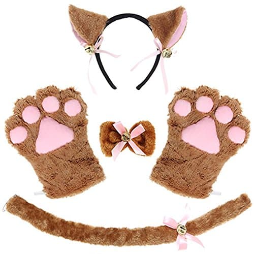 Kitty Cat Cosplay Set Ears Tail Collar Paws Hallowmas Accessory (coffee)