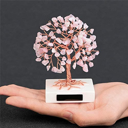 YIBING 1pc Mini Crystal Money Tree Handmade Copper Wire Wrapped Tumbled Gemstone Tree Ornaments Home Decor,1pc Rose Quartz
