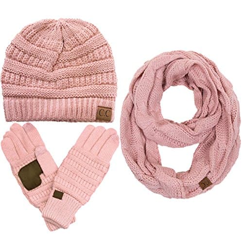 3pc Set Trendy Warm Chunky Soft Stretch Cable Knit Beanie Scarves Gloves Set