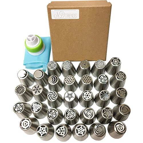 Newest Extra Large Russian Piping Tips 32 pcs + 1 Reusable Silicone Pastry Bag + 1 Tri-Color Coupler 304 Stainless Nozzle Buttercream Professional Most Popular Decorating Kit Cup Cake Decoration