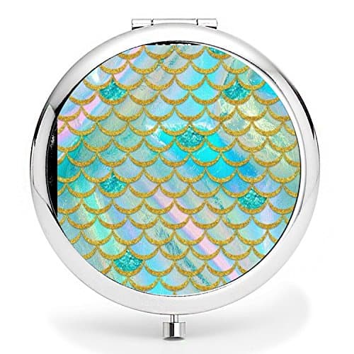 Folding Travel Mirror, [New Version] Convenient Man Makeup Mirror to Shave, Double Sides - 2x &amp; 1x Magnifying Mini Round Makeup Pocket Mirror Perfect for Travel - Fish Scales