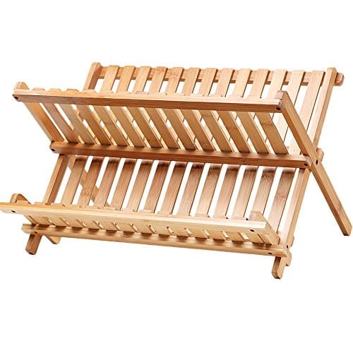 Bamboo Folding Dish Rack Drainer Bowl Plate Cup Drying Rack Holder,Kitchen Utensils Storage Organizer 2-tier Non-assemble 14 slots