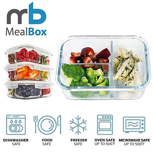 [6-Pack] Glass Meal Prep Containers 3 Compartments | Vented Snap Locking Lid | BPA Free | Oven, Microwave, Freezer, Dishwasher Safe | Reusable Food Storage Containers | Bento Box | 36 oz |