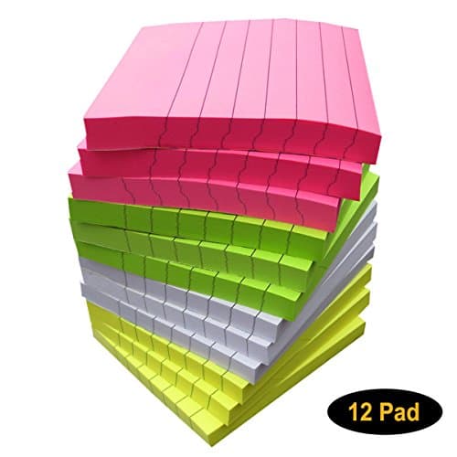 Sticky Note Pads Lined 12 Pads, 3 x 3 Inches, 100 Sheets Per Pad, 4 Bright Colors, Easy Post Notes, Individually Wrapped and Carton Packaging, Green, Yellow, White and Red