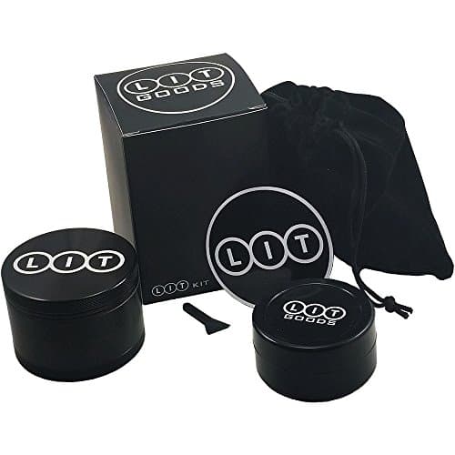 LIT Goods Herb Grinder Kit - Large 2.5 Inch 4 Piece Aircraft Aluminum - Pollen Catcher Protective Bag and Sticker - Best Herb Mill for Tobacco Weed Tea Herbs and Spices - BONUS Silicone Container.