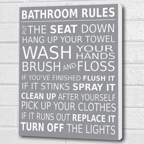 Bathroom Rules Wall Art Box Canvas - Light grey A3 12x16 inch