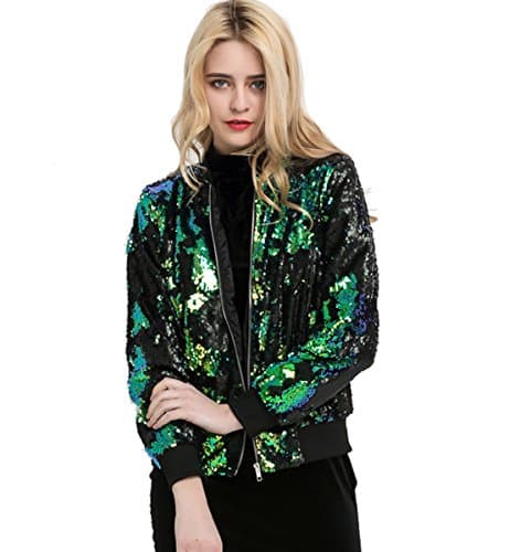 WANEE Women's Sparkle Sequin Zipper Bomber Jacket Baseball Jackets Varsity Jacket (Small)