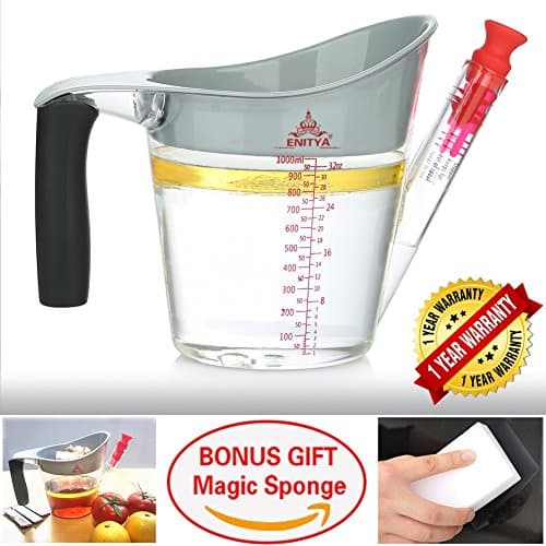 ENITYA Fat Separator with Strainers 4 Cup Gravy Separartor Fat Oil Measuring Cup Stopper Slip Resistant Handle