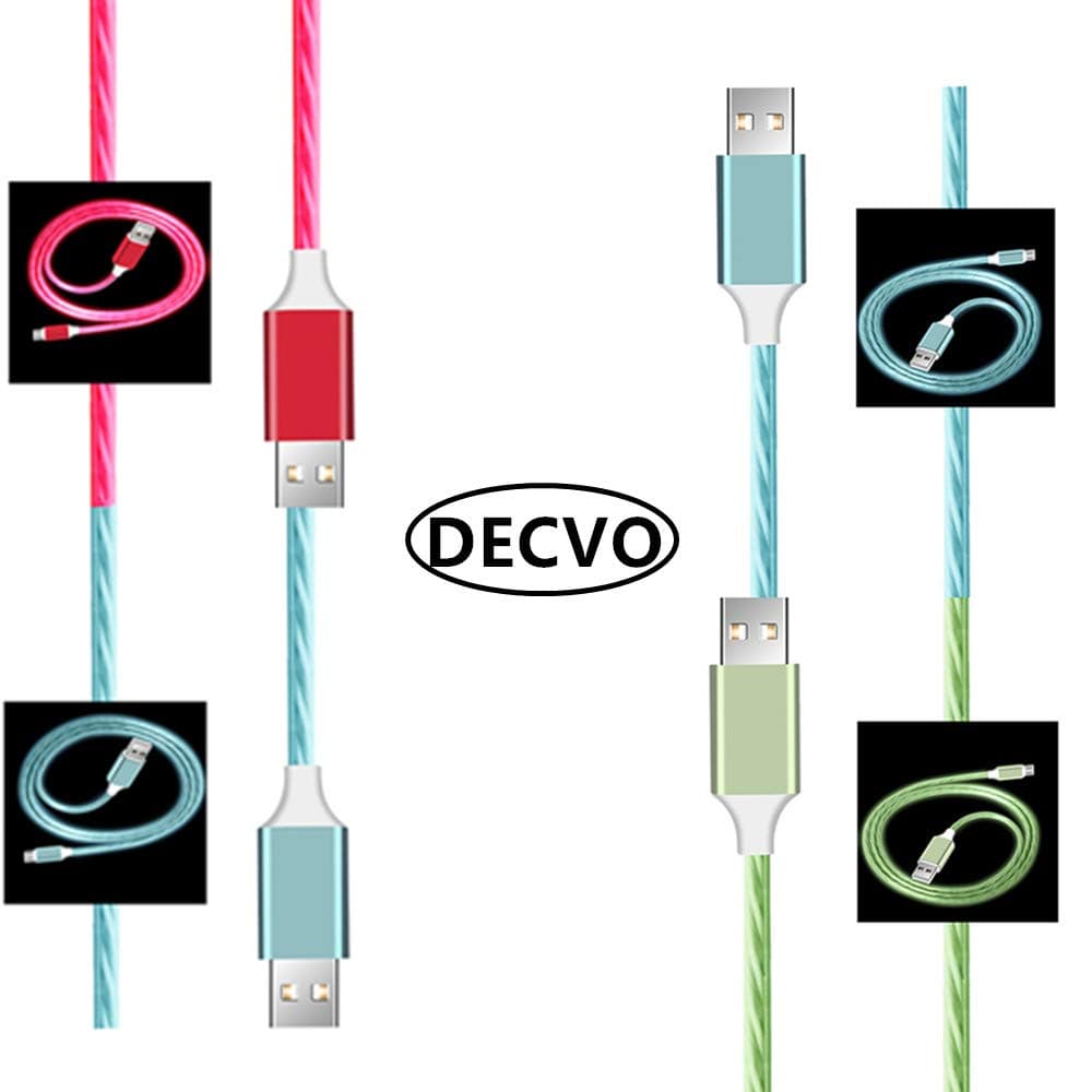 DECVO Lighting Cable 360 Degree Light Up Visible Stars LED Micro Charger Cable to USB and Data Cord Compatible with Sumsung Galaxy S7 Edge,S6, HTC, Motorola, Nokia, Sony More Android Devices (4 Pack)