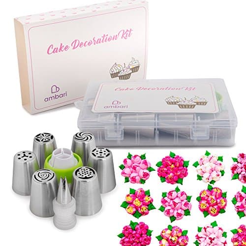 Russian Piping Tips Cake Decorating Kit by Ambari- 21 PCS Great for Wedding Cakes,Birthday Cupcakes - Edible Designs with Frosting Tips, Piping Bags, &amp; Coupler Complete Set with Guide and Free Recipe