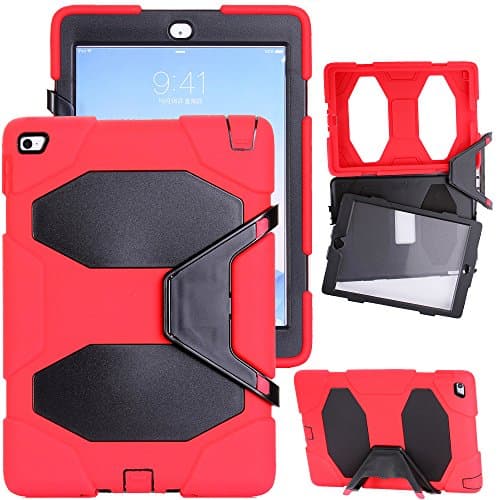 Kecko(TM)for ipad Air 2 Case,Defender Series Shockproof Dustproof Army Military Duty Armor Hybrid Impact Resistant Rugged Silicon Protective Built-in Screen Protector Case with Kickstand&camo Design for ipad Air 2/ipad 6th Generation (Red)