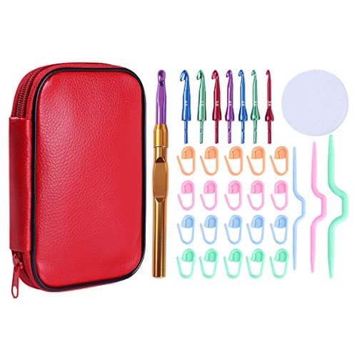 KOKNIT Crochet Hook Sets 8 Size 3.0-6.5mm Interchangeable Hook Sweater Needle Sewing Needles Accessories Set with Waterproof Case (Red Pu Case)