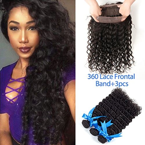 GEFINE Pre Plucked 9A Grade 360 Lace Frontal With Bundle Deep Wave Curly Brazilian Virgin Hair With Frontal Closure 360 Lace Frontal Closure With Bundles 4pcs/Lot Natural Hairline with Baby Hair