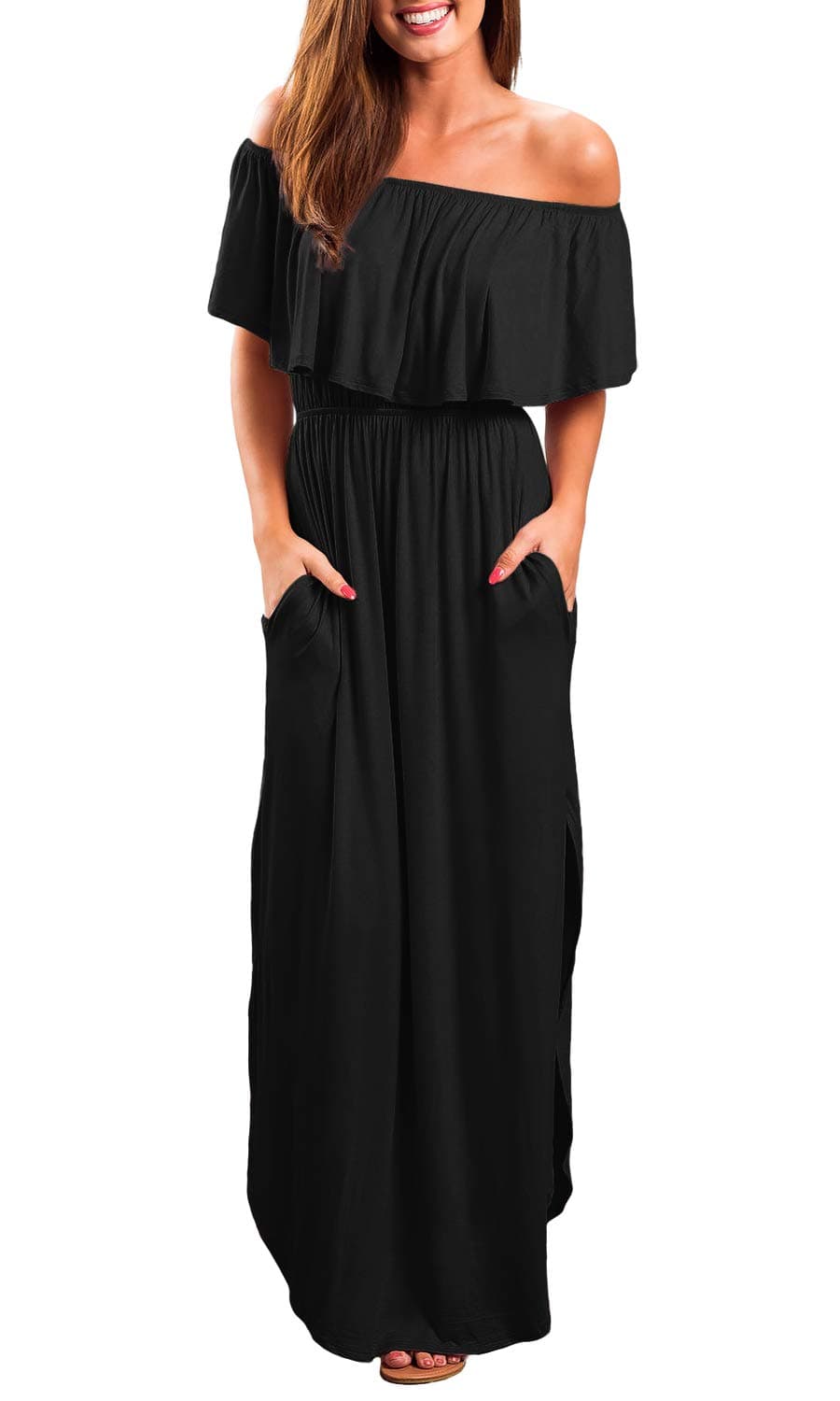 Womens Off The Shoulder Ruffles Pockets Dress Side Split Maxi Dresses