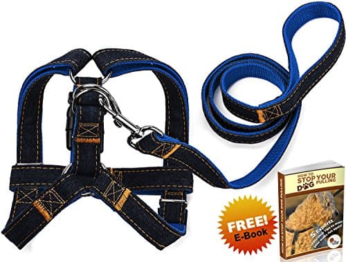 Foxy Loves Quality Adjustable No-Pull Denim Dog Harness and Leash in SMALL/MEDIUM. Comes with eBook - How to Stop Your Dog Pulling!