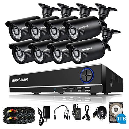 ISEEUSEE 8 Channel Complete Video Surveillance System W/ 8pcs Night Vision Indoor/Outdoor 720P HD CCTV Security Cameras, 1TB Hard Drive Included