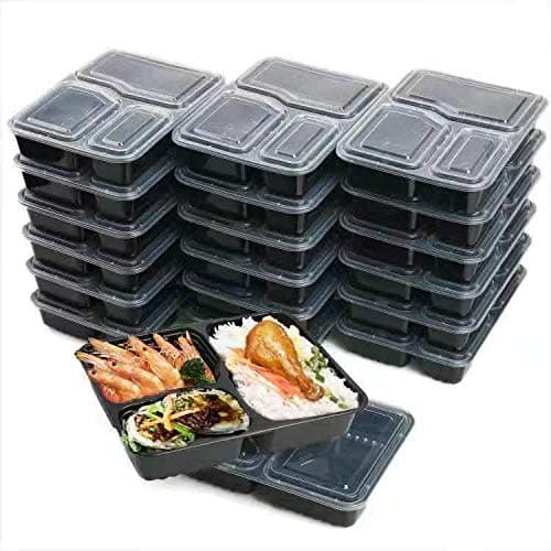 Meal Prep Containers [20 Pack] 3 Compartment with Lids, Food Storage Bento Box, BPA Free, Stackable, Lunch Boxes, Microwave/Dishwasher/Freezer Safe, Portion Control, 20 Day fix (34 oz)