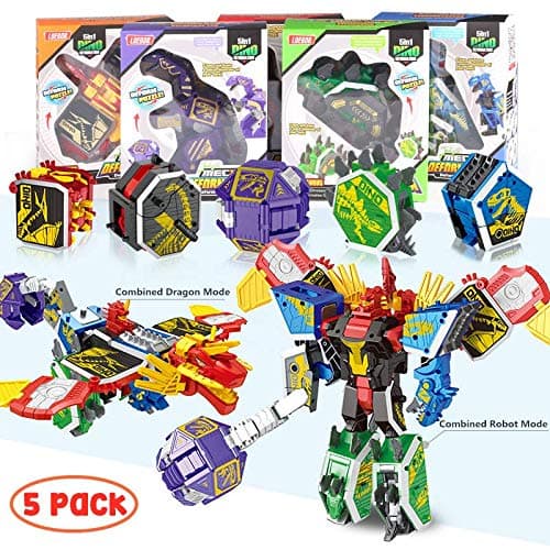 WEGame 5 Pack Dinosaur Model Combine into 1 Giant Robot - Brachiosaurus T-Rex Stegosaurus Raptor Pterosaur DIY Dinosaur Deformation Robot Toy Gift for Kids (Cartoon)