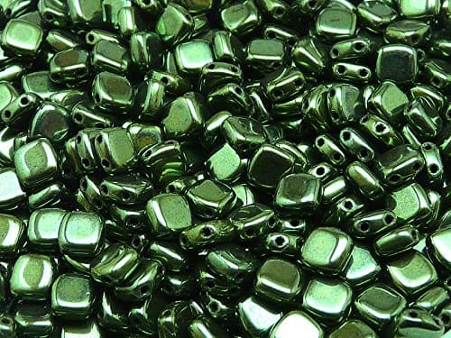 40 Pieces Czech Glass Beads Tile Two-Hole, Flat Square 6x6x2.9mm Jet Green Luster
