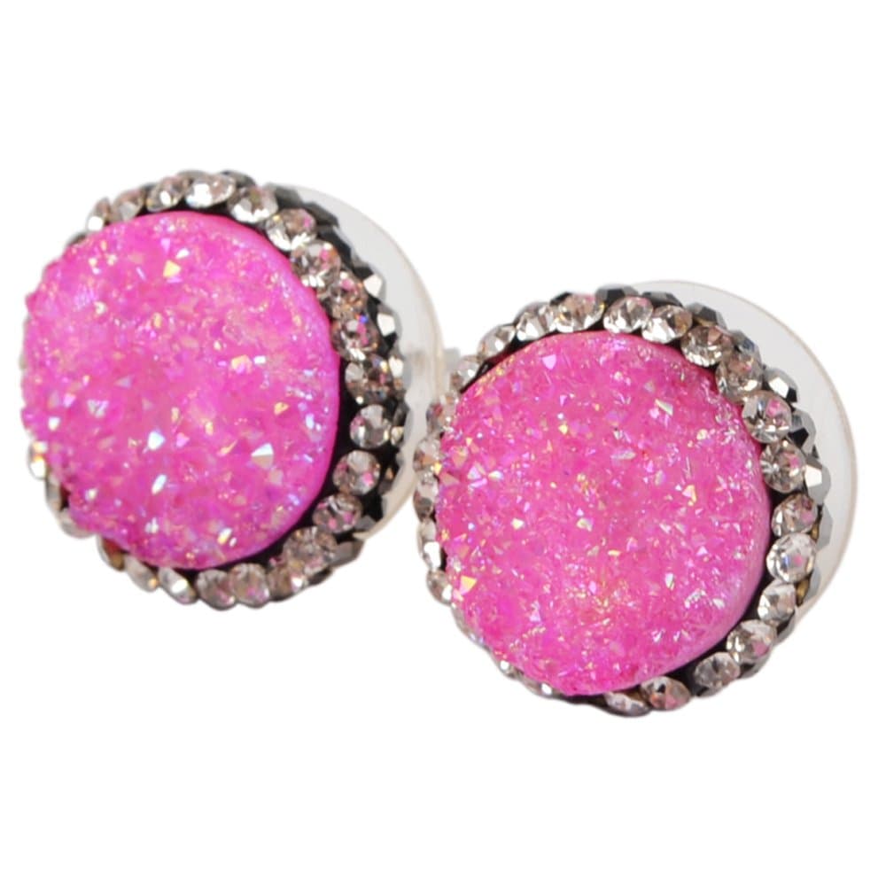 JAB 1 Pair 12MM Round Titanium Rainbbow Druzy Stud Earrings Rhinestone Pave Jewelry for Women