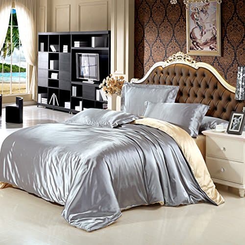 DS DUVET STAR Solid Style Silk Satin 4pc Duvet Cover Set (Flat Sheet) Dove Silver Grey with Brown Queen Size