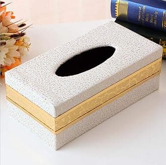 Leather Tissue Box Holder - Waterproof Rectangular Tissue Box Cover Vintage Napkin Paper Holder for Home,Office&Car Decor (White Clouds with Golden Rim) (Yellow.)