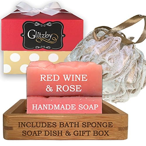 Luxury Handmade Soap Bath Gift Set - Includes Loofah &amp; Bamboo Soap Dish (Red Wine &amp; Rose)