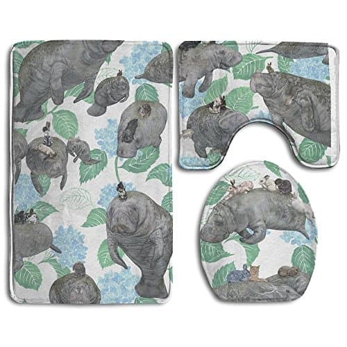 Rabbits Rode On The Manatees Bath Mat Set,3 Piece Bathroom Mats Set Non-Slip Bathroom Rugs/Contour Mat/Toilet Cover