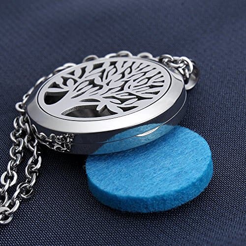 Frecibo Tree Essential Oil Diffuser Necklace,Stainless Steel Aromatherapy Diffuser Locket Pendant Set with 3 Color Refill Pads