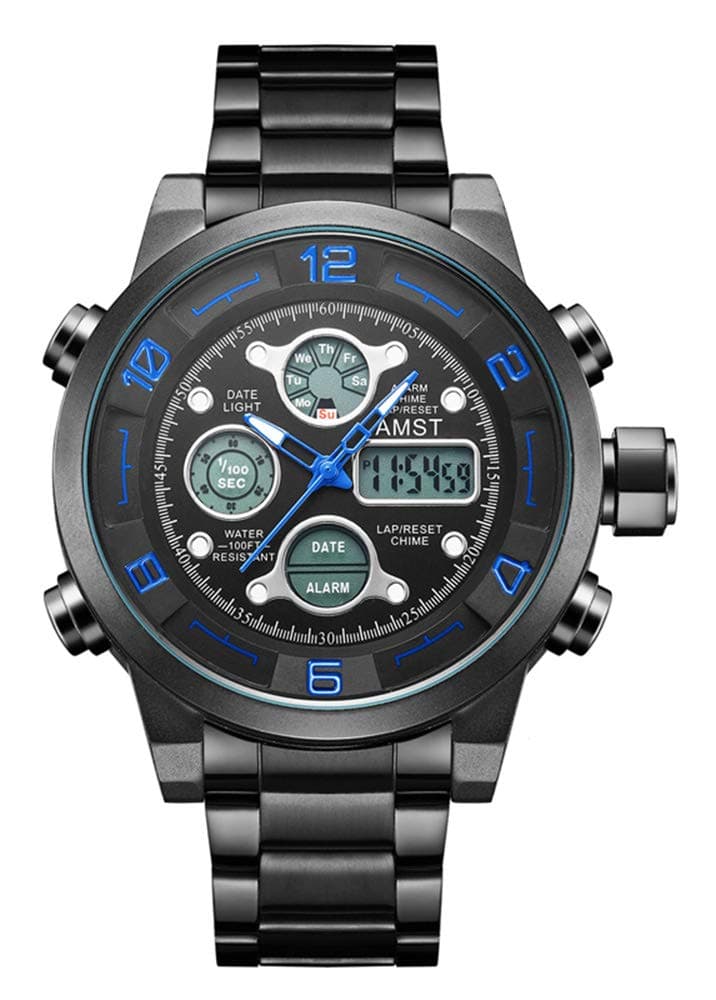 AMST Watch Men's Stainless Steel Watch Multi-Function Dual Display top Sports Watch Digital Quartz Watch