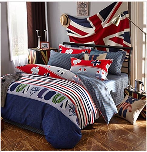Andreannie ®Full Size 4pcs Bedding Sets Creative and colorful striped British Union Jack Love Cotton Material Duvet Cover Sets Both Sides Print Without Comforter