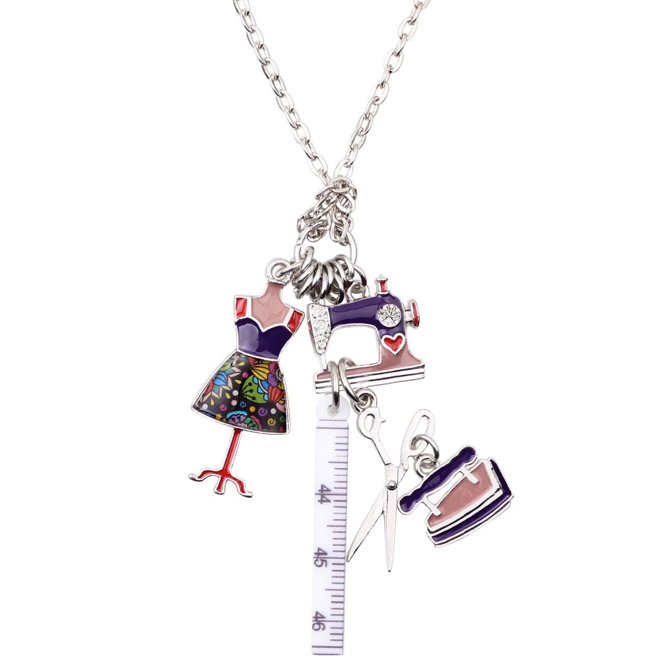 NEWEI Cute Enamel Alloy Tailor Tools Sewing Machine Scissors Pendant Necklace Collar Chain Fashion Jewelry for Women Girls Gift
