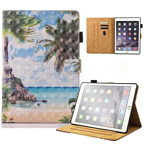 New iPad Case Smart Leather Case - [3D Craft] UNOTECH Card Slot Protective Case with Pen Holder Wake/Sleep Function for New iPad 9.7 Inch 2017,iPad Air 1 2, Ocean