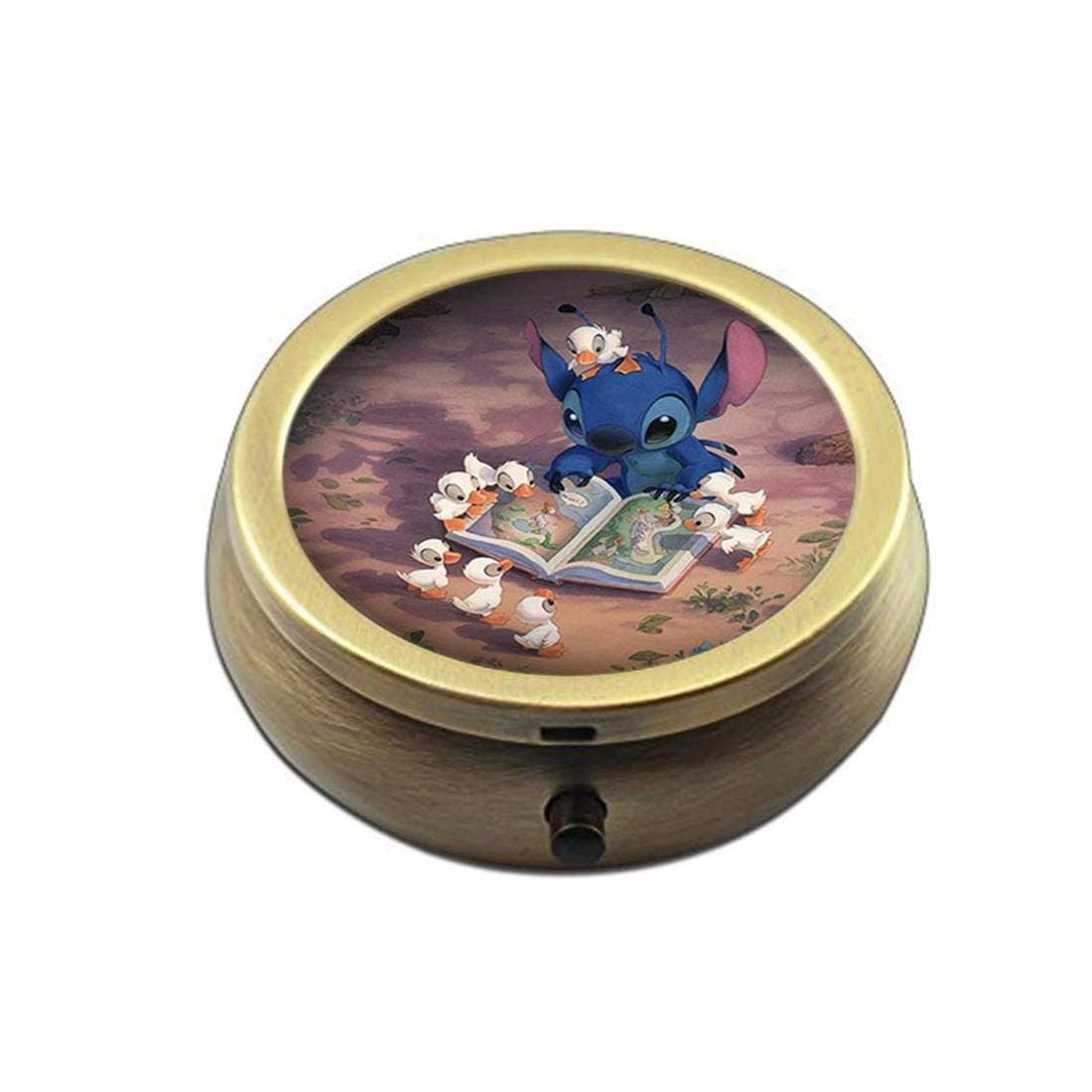 Pill Box Case Round Bronze Weekly Pill Organizers Case Decorative Boxes- Custom Fashion Style Bronze Pill Box Case for Purse- 3 Compartments Pill Box/Pill Case Pocket (Lilo and Stitch)