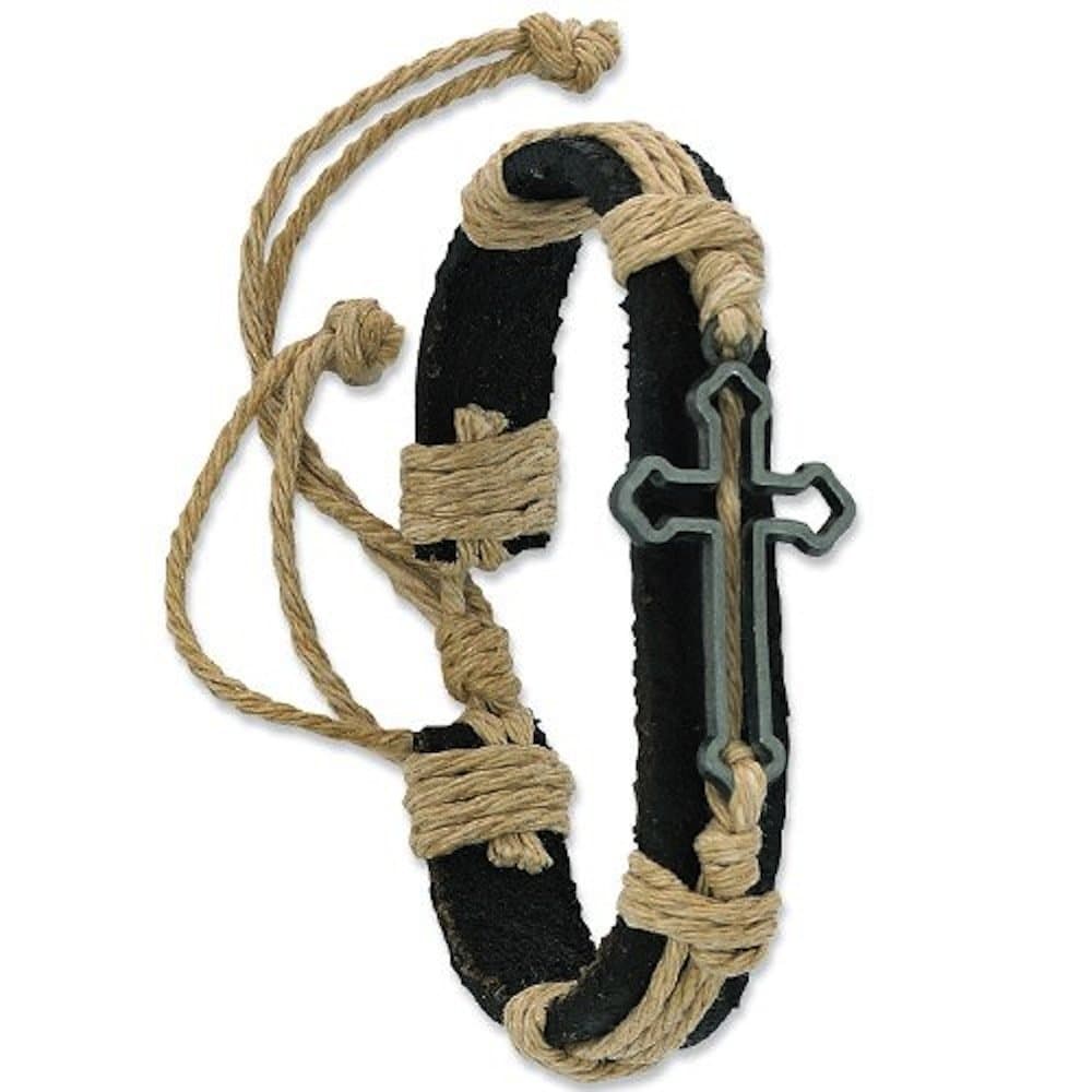 Adjustable Leather and Rope Cross Design Bracelet