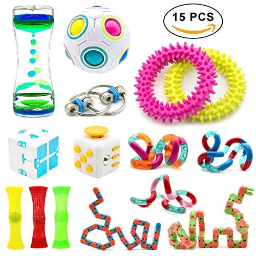 15 Pack Increase Focus Relieves Stress Bundle Sensory Fidget Toys-Fidget Chain/Cube/Ring,Infinity Cube,Liquid Motion Timer,Wacky Tracks Snap ADD ADHD Toy for Kid and Adult