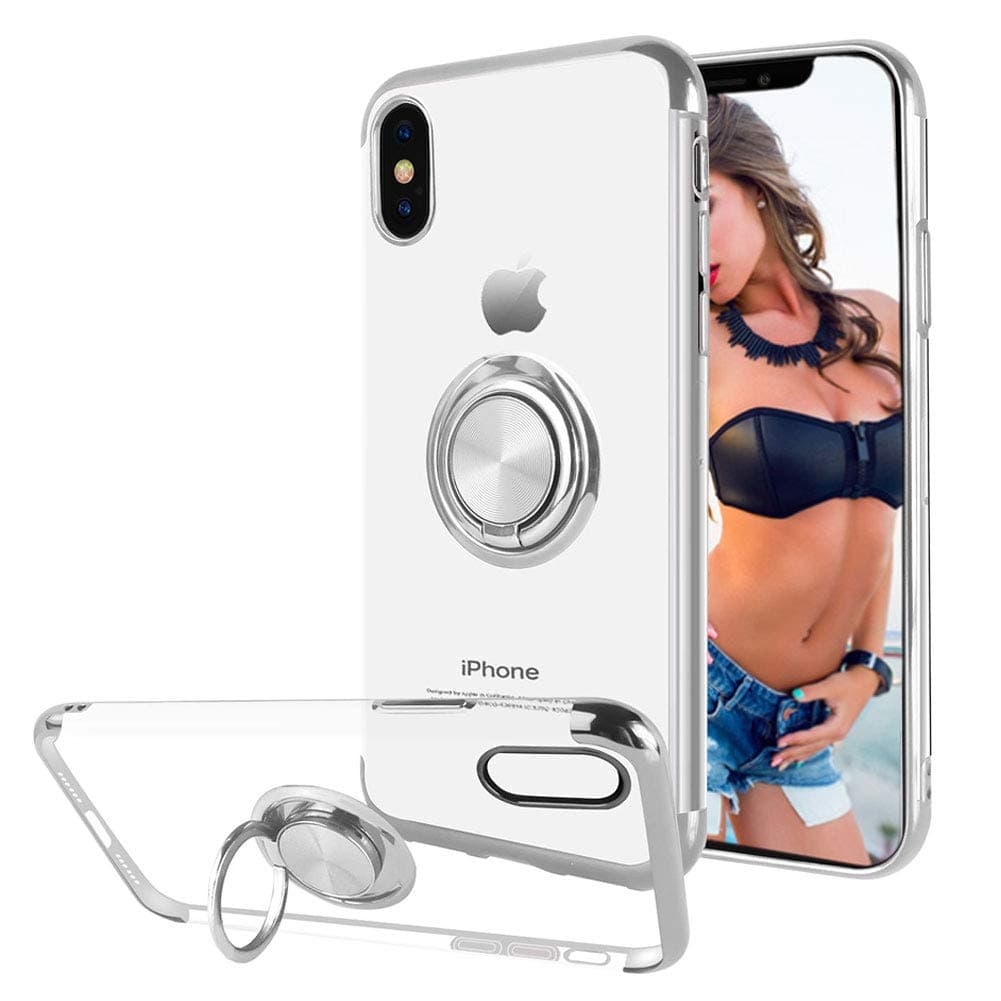 Cute Cover for iPhone XR Cases Clear Thin Soft TPU Case Built Magnetic Kickstand Ring Holder-Silver