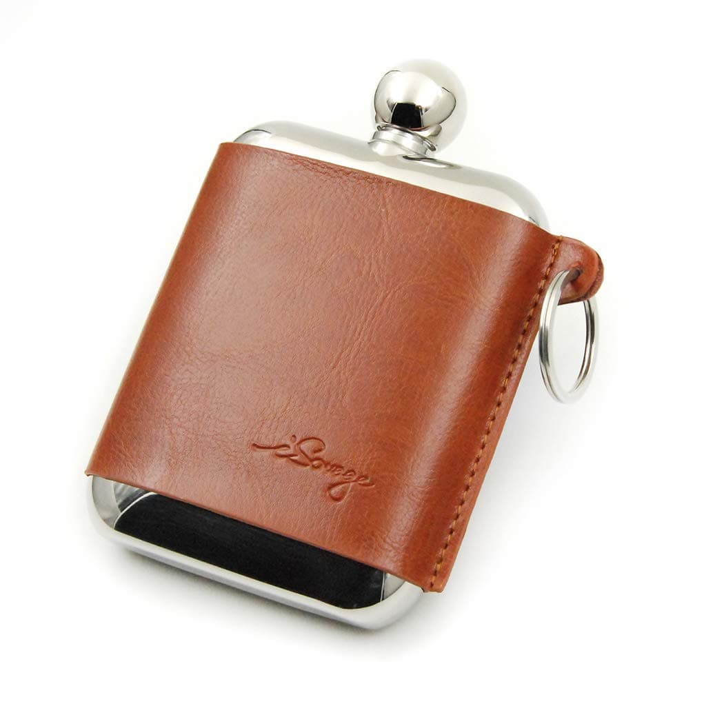 6oz Rectangle Hip Flask with a Detachable Brown Red Leather Pouch-YM605-1