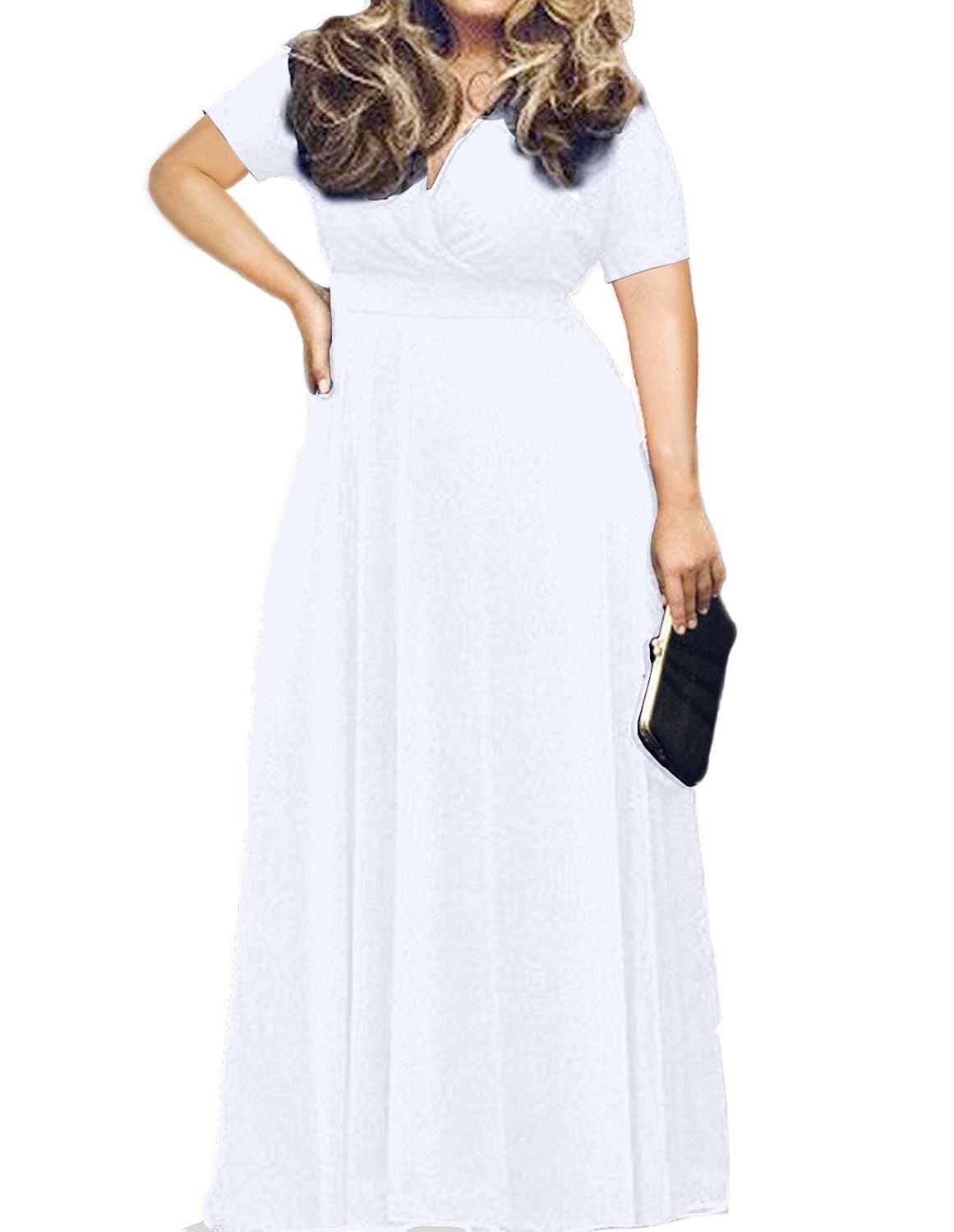 Women's Solid V-Neck Short Sleeve Plus Size Evening Party Maxi Dress