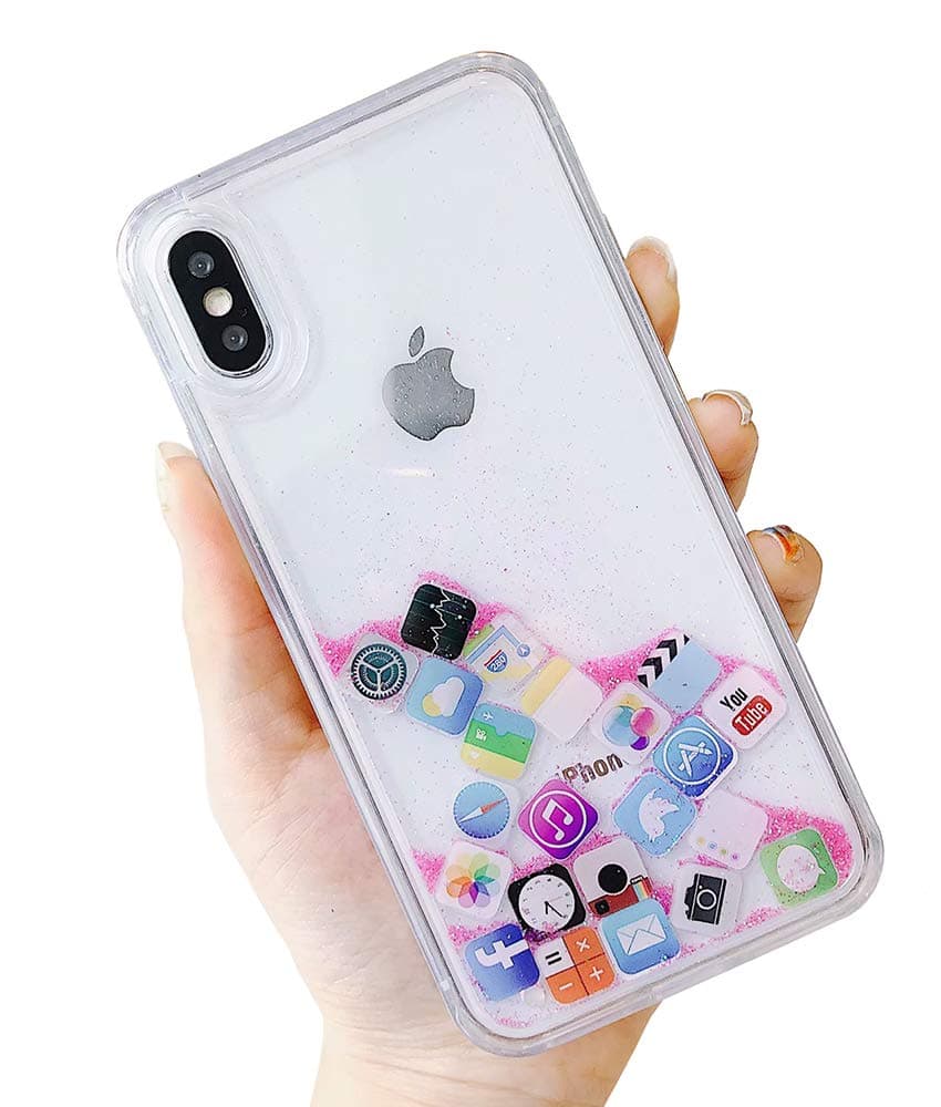 Skoveph Liquid Glitter Case Compatible with iPhone XR, Hard Back Colorful Bling Quicksand with ios icon Apple APP Shine Phone Case (iPhone XR, Pink Glitter)