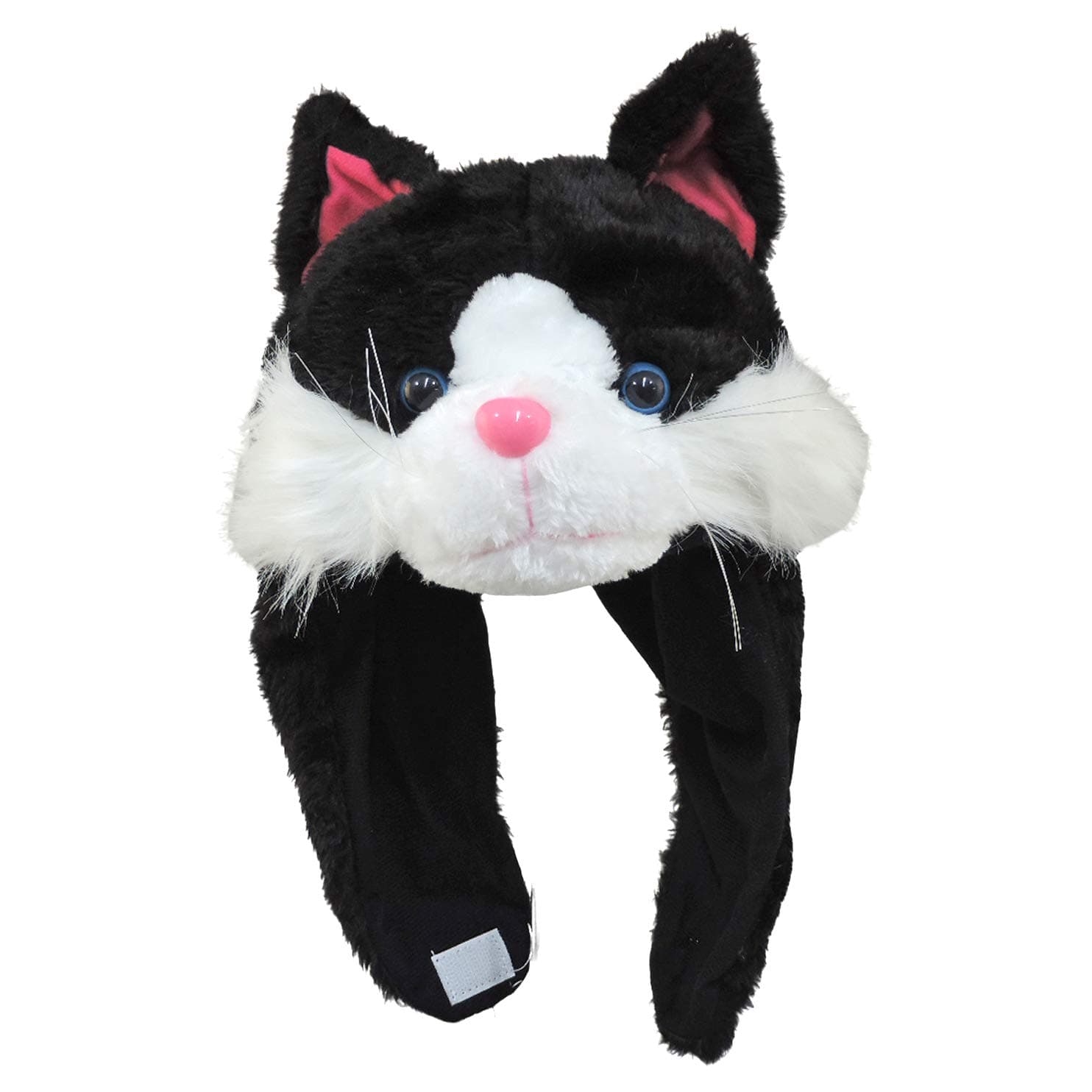 Plush Black & White Tabby Kitty Cat Hat With Ear Flaps