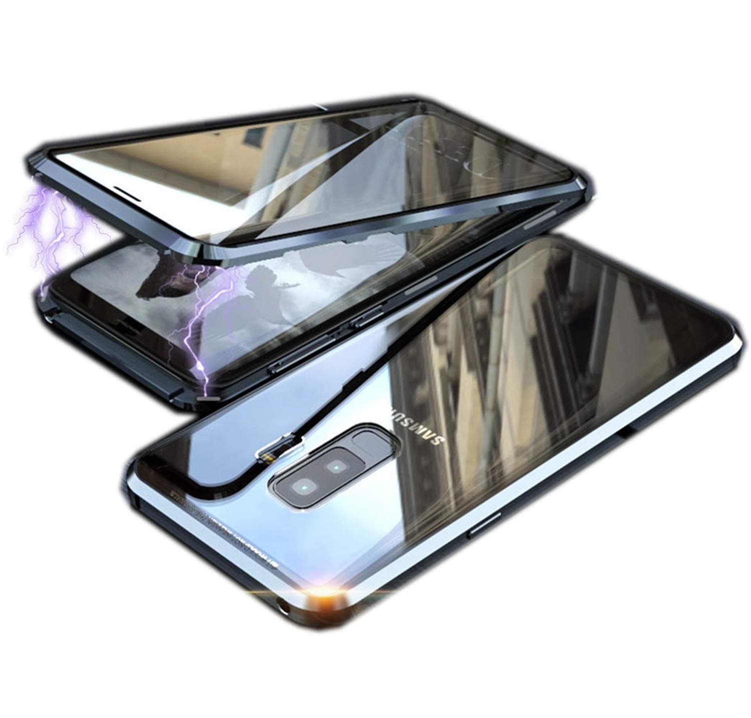 Magnetic Adsorption Case for Galaxy Note 9 Clear Glass Double Sided Clear Front and Back Tempered Glass Full Body Protection Shockproof Case (Black)