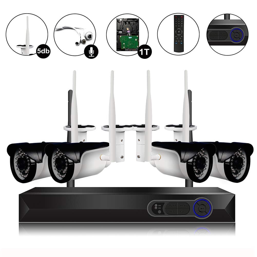 CAMVIEW 4CH 720P Wireless Security CCTV Surveillance System WiFi NVR Kits, 4CH 1.0MP Wireless WiFi Indoor/Outdoor IP Cameras, Audio Plug, P2P, 65FT Night Vision, 1TB HDD Pre-Installed