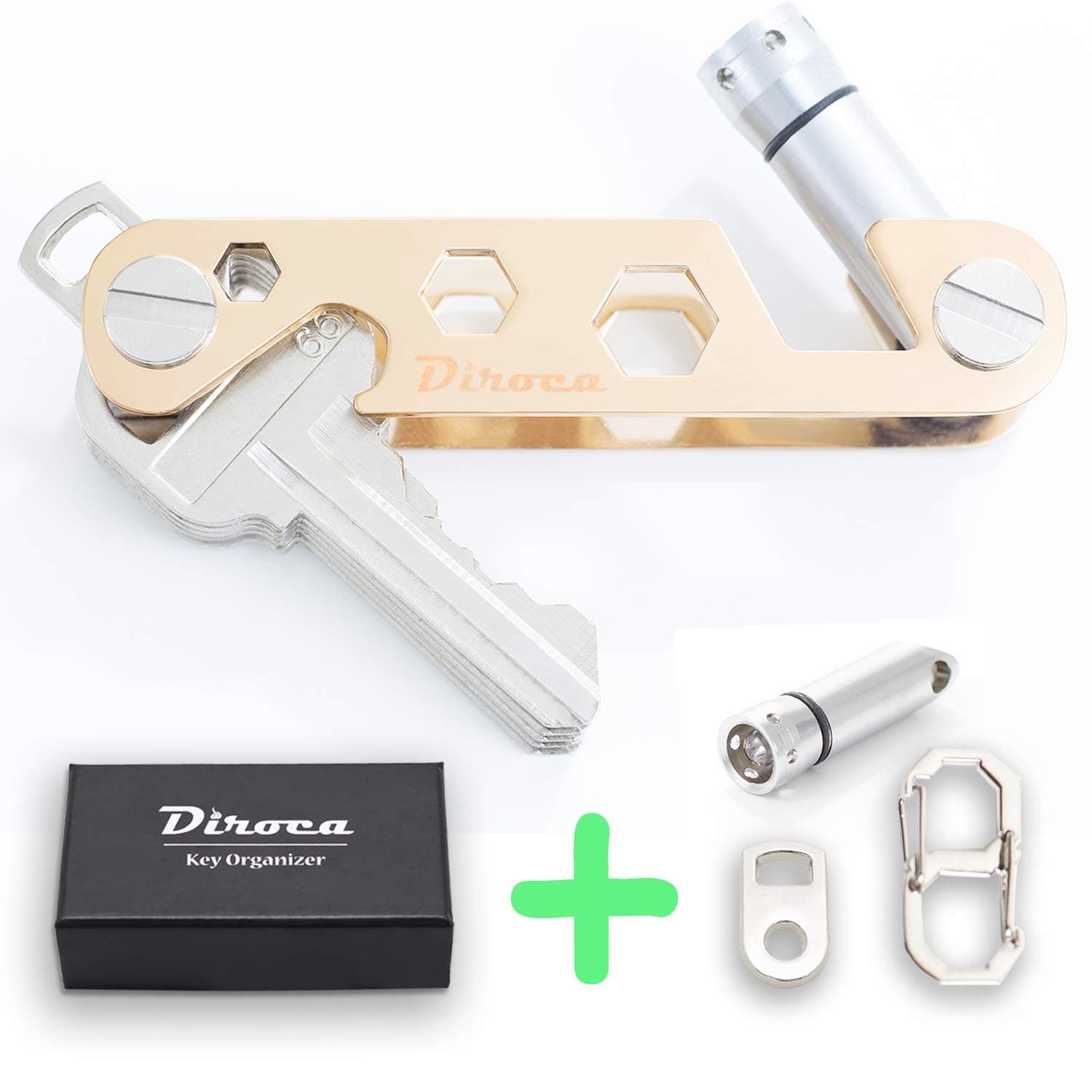 Key Organizer - Smart & Compact Key Holder | 2-24 Keys | 5 in 1 Multitool: Keychain, LED Light, Carabiner, Bottle Opener, Mini Wrench & Smartphone Stand + Key Loop & Expansion Pack (Gold)