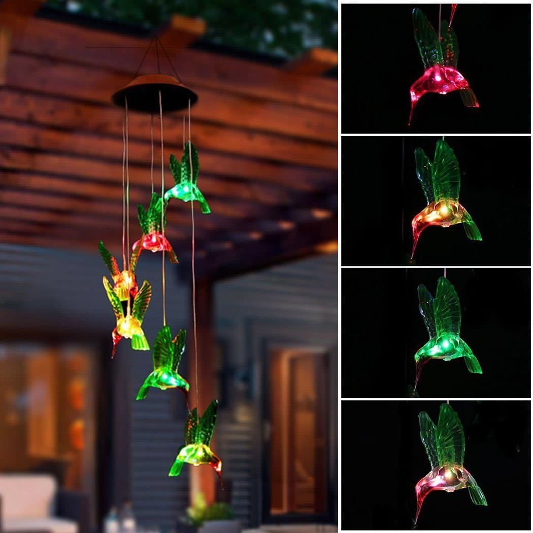 Trubet LED Solar Wind Chime, Color-Changing Solar LED Mobile Wind Chime Waterproof Six Hummingbird Wind Chimes For Home/Party/Night/Garden/Festival Decor/Valentines